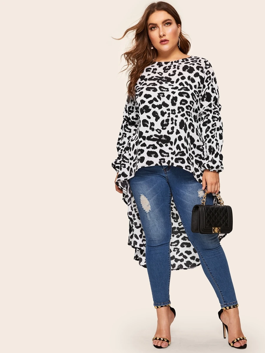 SHEIN Clasi Plus Dip Hem Leopard Print Blouse - Black and White - View 1