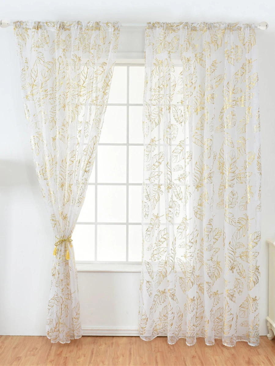 羽毛燙金棒口袋透明網紗窗簾1個 - 金色 - 查看 1