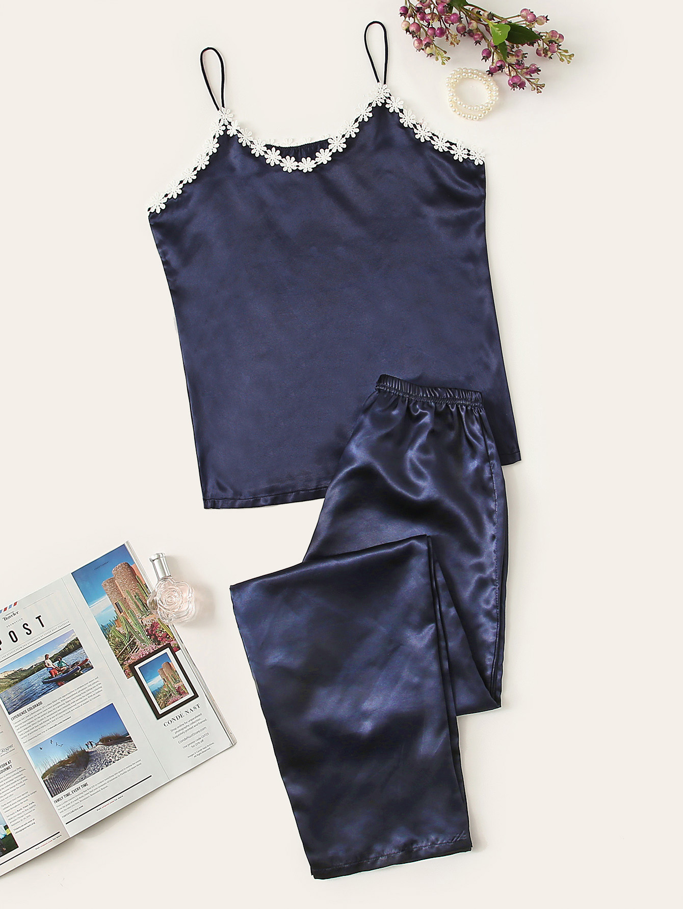 Crochet Trim Satin Cami Pajama Set ROMWE