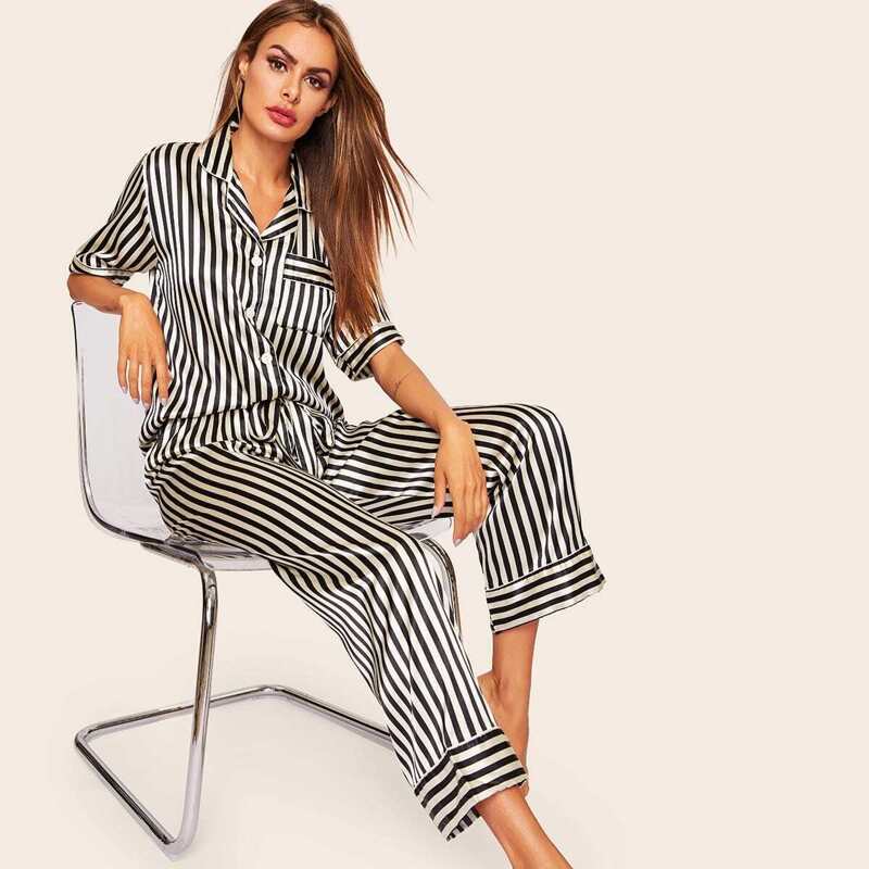 

Satin Button-up Striped Pajama Set, Black and white