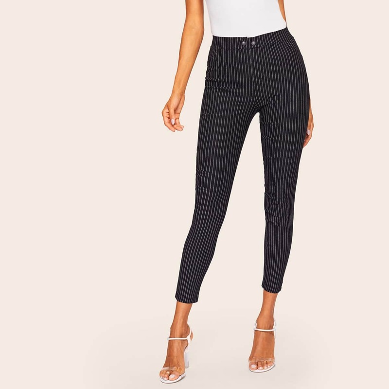 

Striped Button Fly Skinny Jeans, Black and white