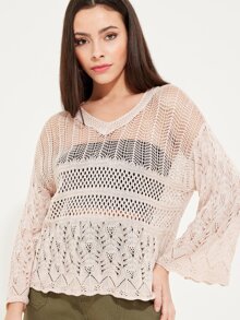 Crochet V Neck Jumper - White - View 4