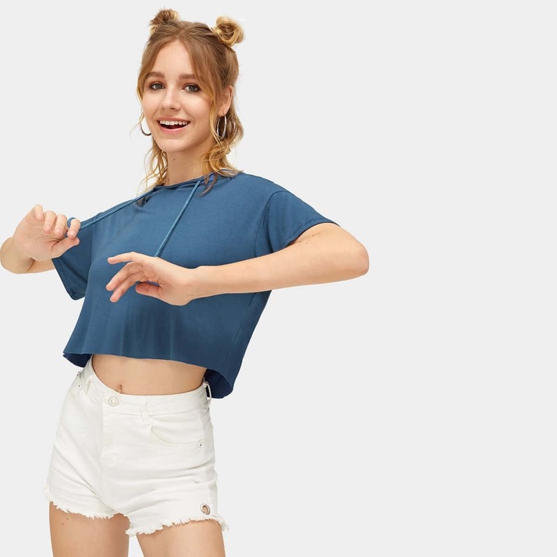 

Short Sleeve Crop Hooded Tee, Blue