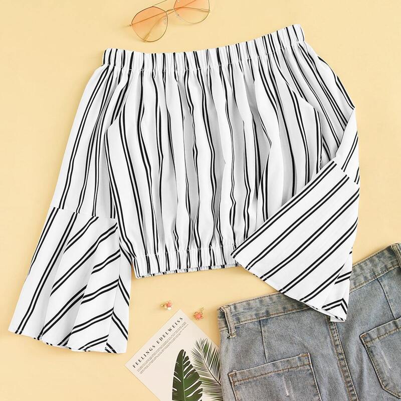 

Striped Off The Shoulder Flounce Sleeve Blouse, Black and white