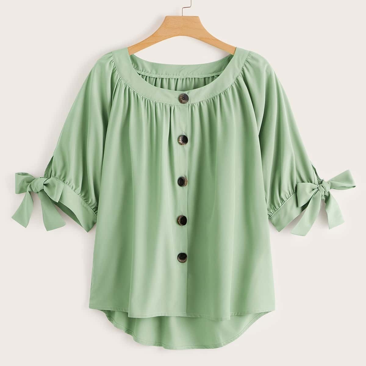 

Plus Button Through Knot Cuff Blouse, Green