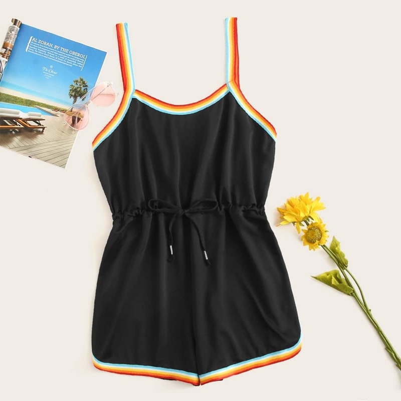 

Plus Contrast Striped Drawstring Romper, Black