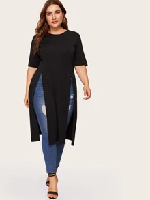 Plus Split Longline Tee - Black - View 1