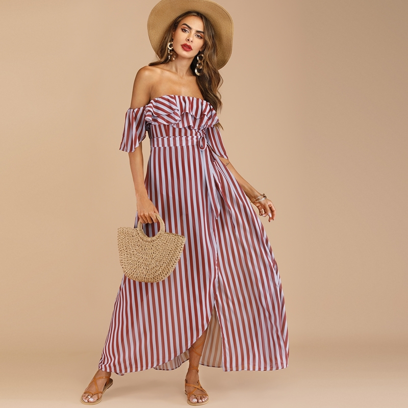 

Striped Belted Layer Ruffle Off The Shoulder Dress, Multicolor