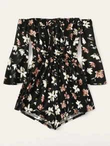 SHEIN VCAY Floral Print Knot Front Off The Shoulder Playsuit - Multicolor - View 4