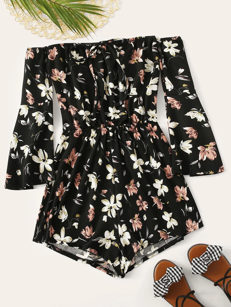SHEIN VCAY Floral Print Knot Front Off The Shoulder Playsuit - Multicolor - View 1