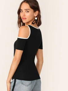 SHEIN Privé Contrast Binding Cutout Tee - Black - View 2