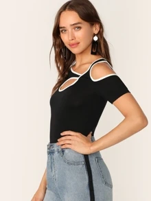SHEIN Privé Contrast Binding Cutout Tee - Black - View 3
