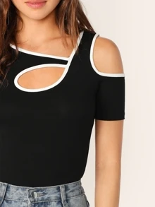 SHEIN Privé Contrast Binding Cutout Tee - Black - View 4