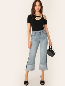 SHEIN Privé Contrast Binding Cutout Tee - Black - View 5