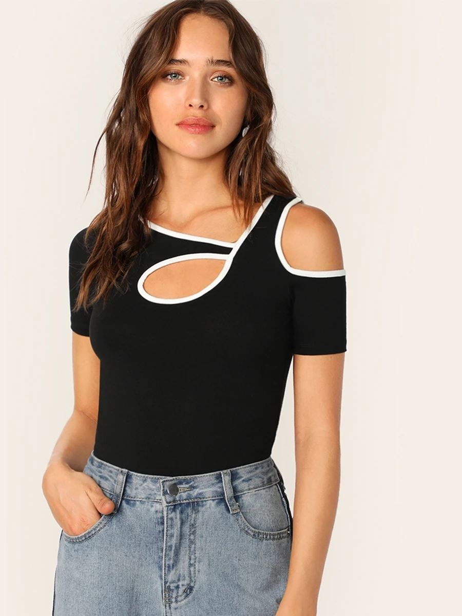 SHEIN Privé Contrast Binding Cutout Tee - Black - View 1