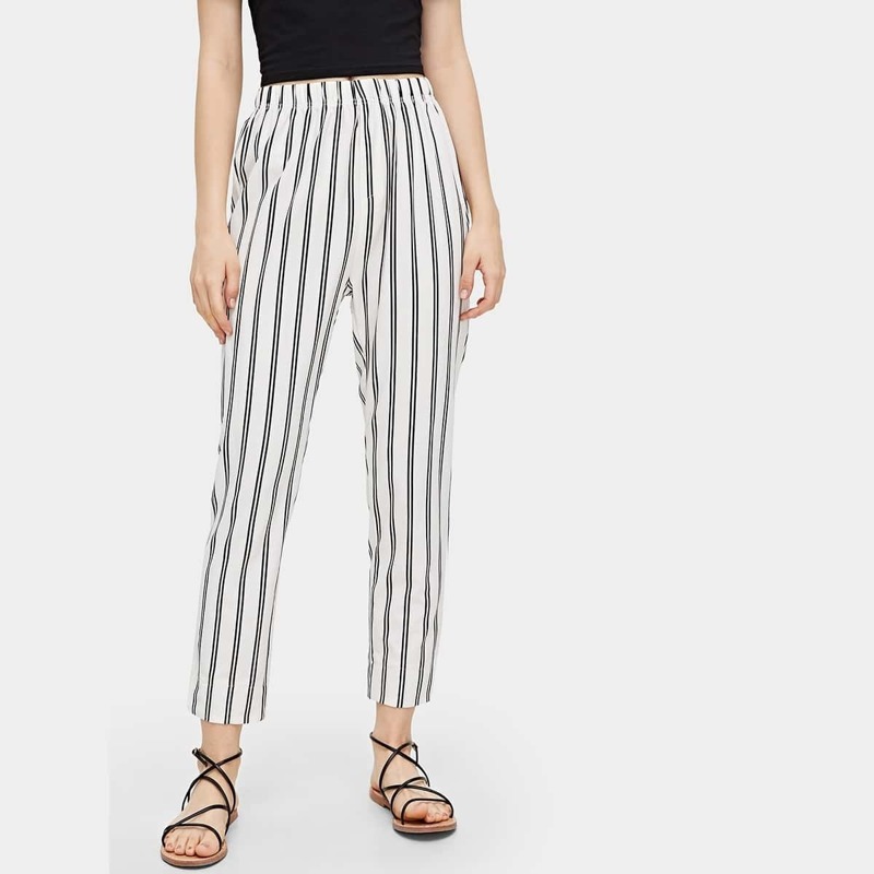 

Striped Elastic Waist Pants, White