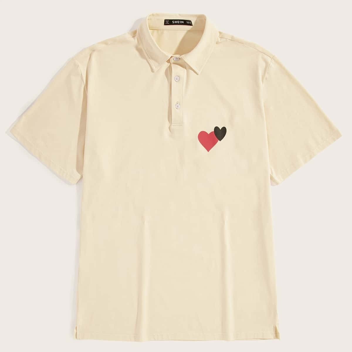 

Guys Double Heart Print Button Half-placket Polo Shirt, Beige