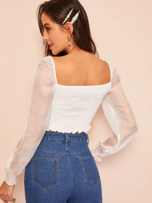 SHEIN 歐根紗袖短版抽褶上衣 - 白色 - 查看 2