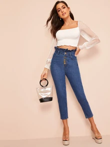 SHEIN 歐根紗袖短版抽褶上衣 - 白色 - 查看 3