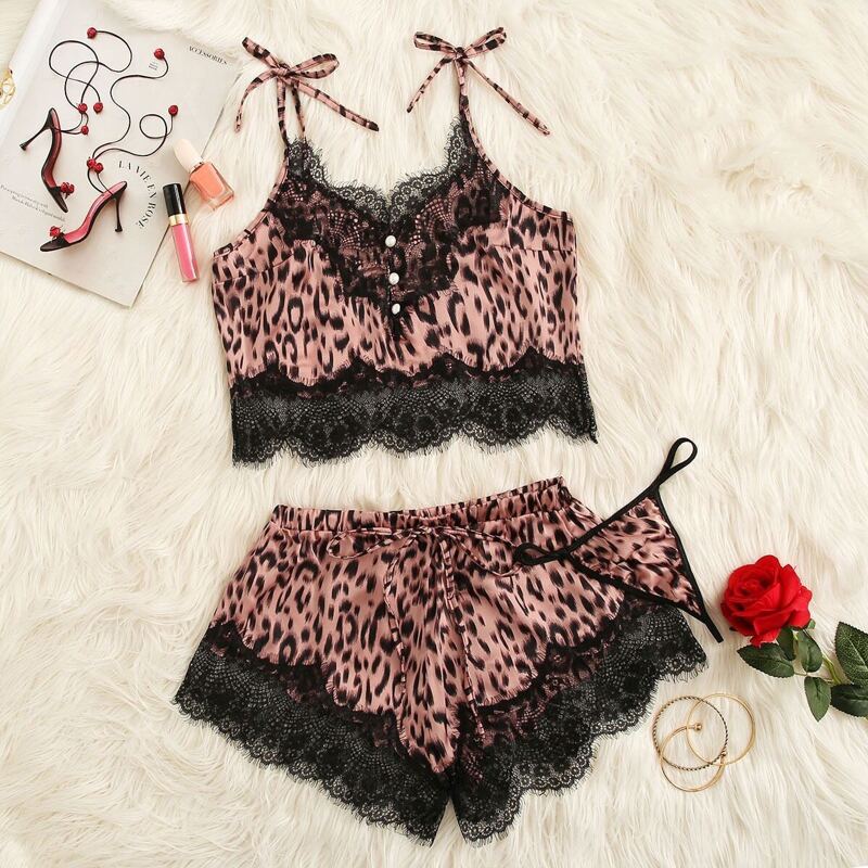 

Leopard Satin Cami & Shorts PJ Set 3PCS, Multicolor