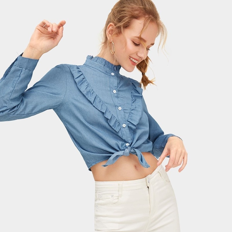 

Ruffle Trim Chambray Blouse, Blue
