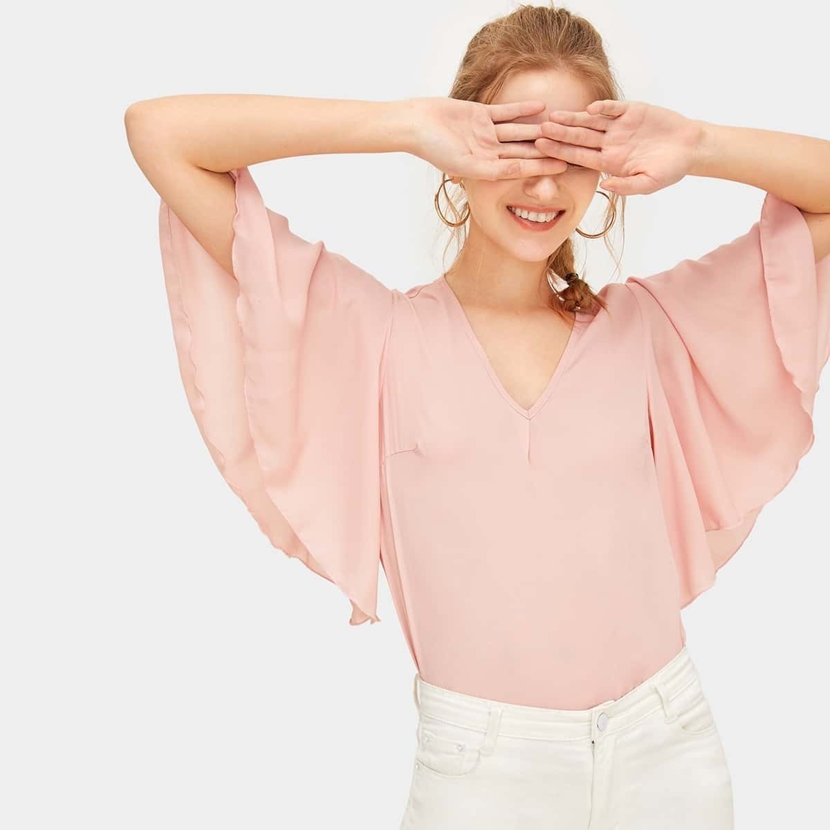 

V-neck Flutter Sleeve Solid Top, Pink pastel
