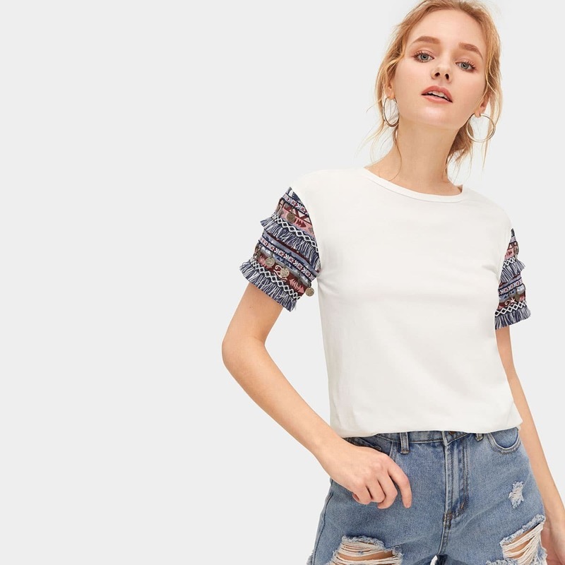 

Aztec Sleeve With Coin Fringe T-shirt, White