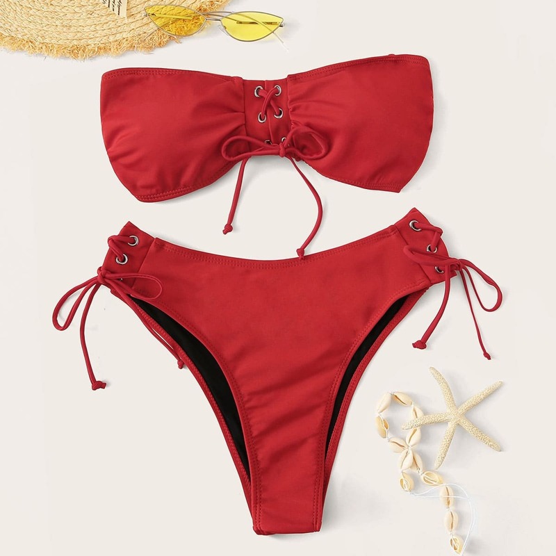 

Removable Strap Bandeau Top With Lace-Up Bikini Set, Red