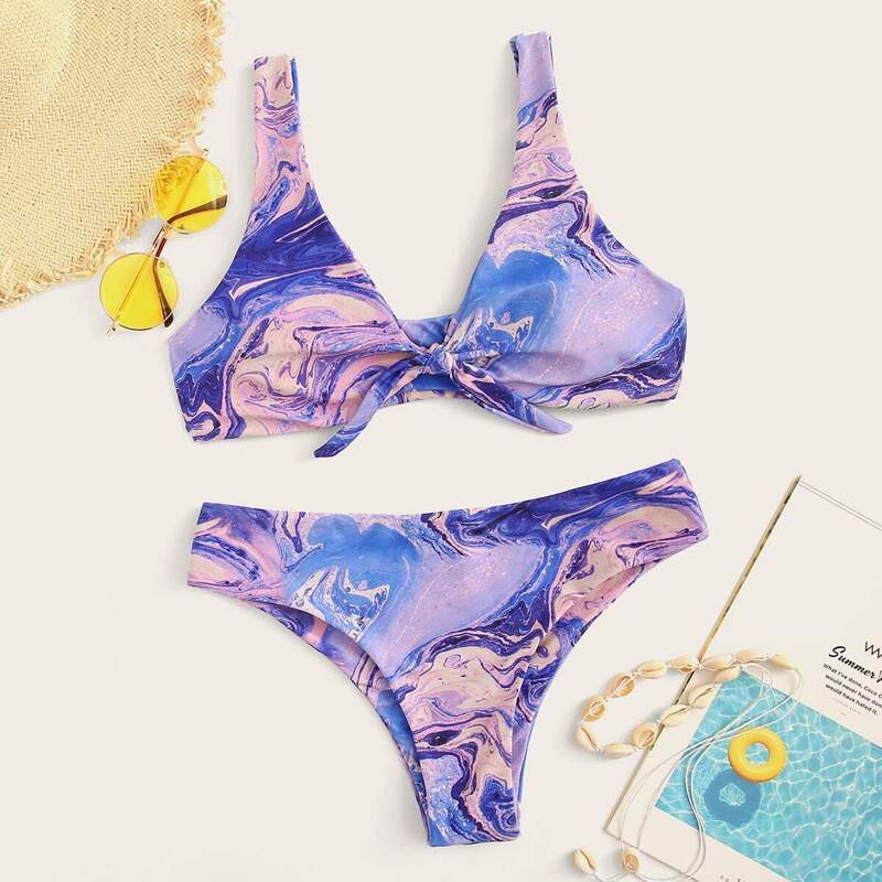 

Watercolor Print Knot Front Top With Panty Bikini, Multicolor