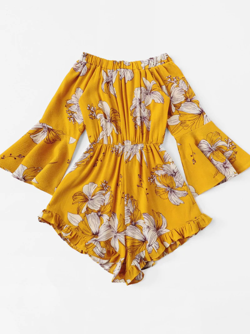 Plus Floral Print Ruffle Hem Off Shoulder Romper