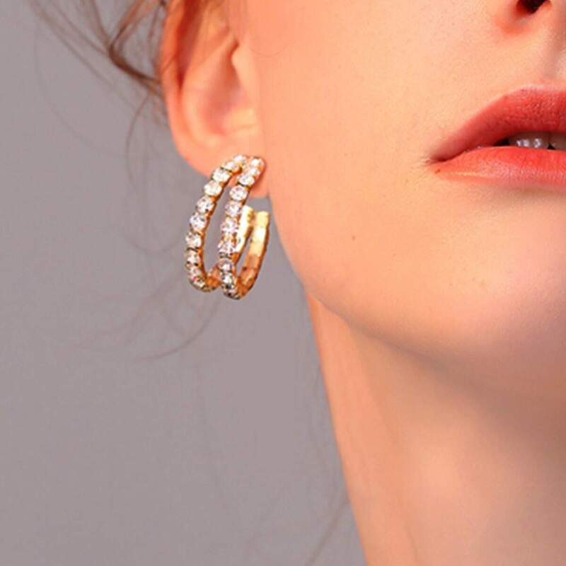 

Double Layered Rhinestone Hoop Earrings 1pair, Gold