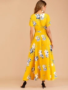 Đầm Belted Hoa Màu vàng Boho - Màu Mù tạt vàng - Xem 2