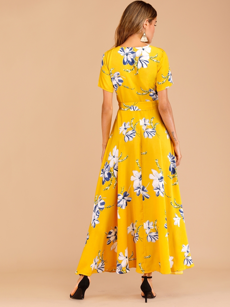 Floral Print Belted Dress - Mustard Yellow - View 2