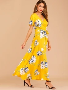 Đầm Belted Hoa Màu vàng Boho - Màu Mù tạt vàng - Xem 4