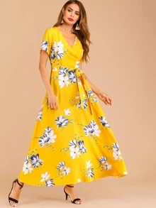 Đầm Belted Hoa Màu vàng Boho - Màu Mù tạt vàng - Xem 1