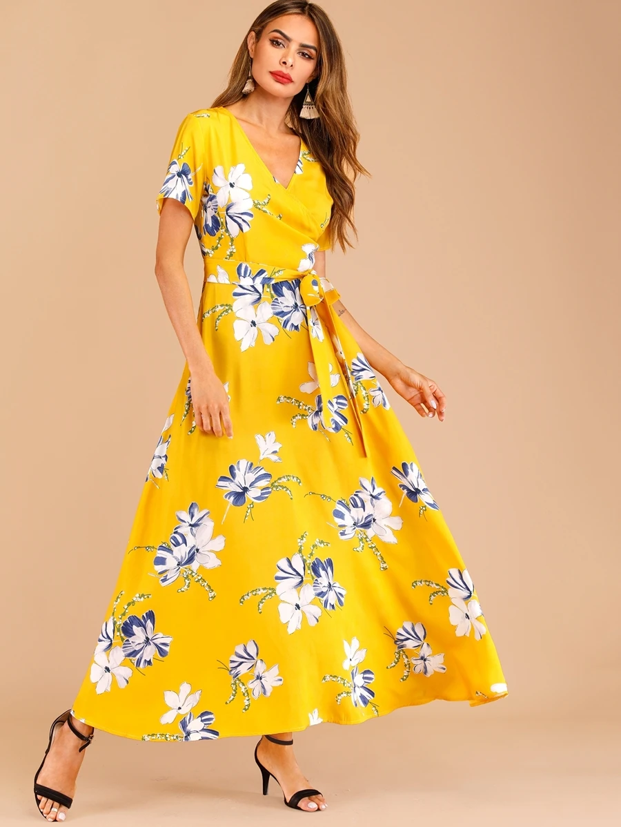Đầm Belted Hoa Màu vàng Boho - Màu Mù tạt vàng - Xem 1