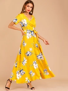 Đầm Belted Hoa Màu vàng Boho - Màu Mù tạt vàng - Xem 5
