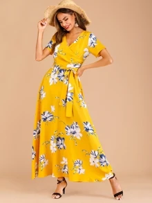 Đầm Belted Hoa Màu vàng Boho - Màu Mù tạt vàng - Xem 3