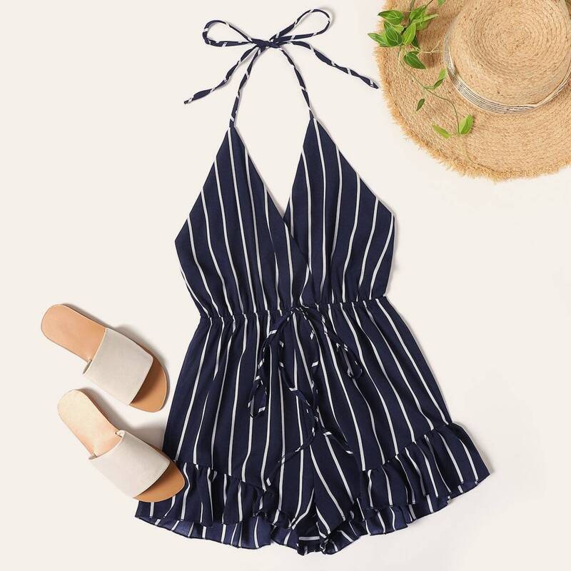

Striped Ruffle Hem Open Back Halter Jumpsuit, Navy
