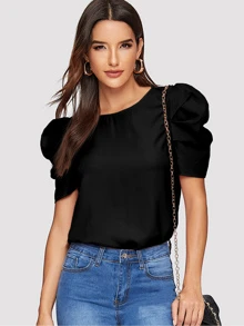 SHEIN Clasi Puff Sleeve Keyhole Back Top