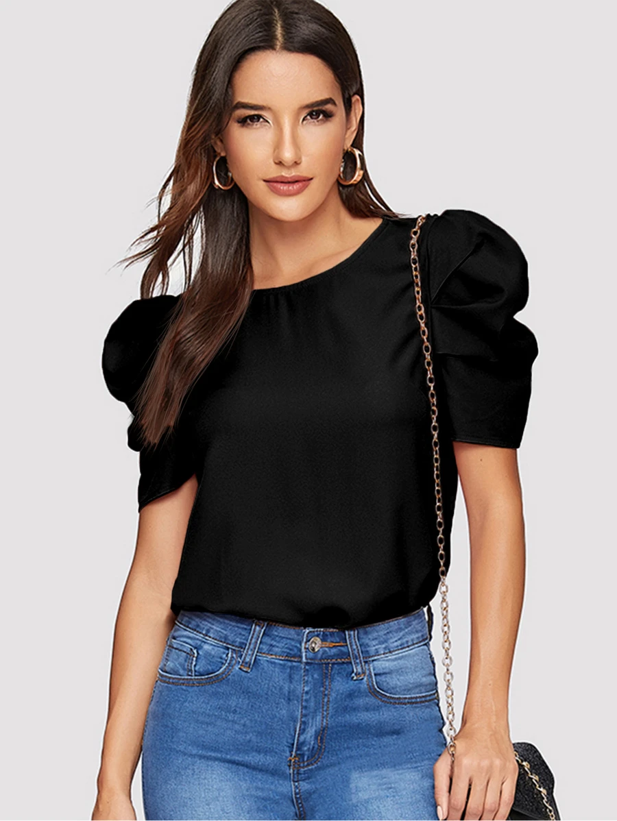 SHEIN Clasi Puff Sleeve Keyhole Back Top