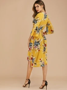 Floral Print Knot Wrap Dress - Mustard Yellow - View 2