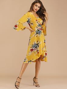 Floral Print Knot Wrap Dress - Mustard Yellow - View 3