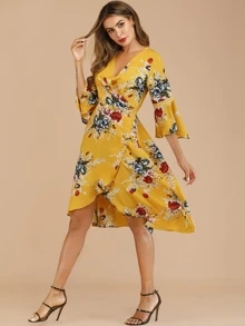 Floral Print Knot Wrap Dress - Mustard Yellow - View 4