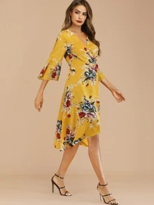 Floral Print Knot Wrap Dress - Mustard Yellow - View 5