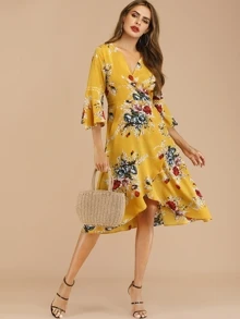 Floral Print Knot Wrap Dress - Mustard Yellow - View 1