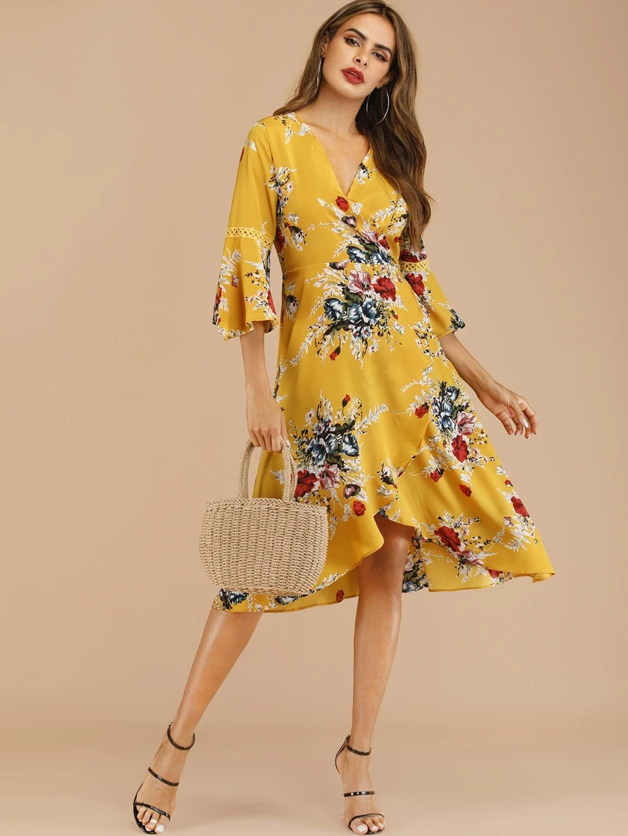 Floral Print Knot Wrap Dress - Mustard Yellow - View 1