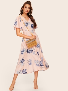 V-neck Floral Print Zip Back Dress