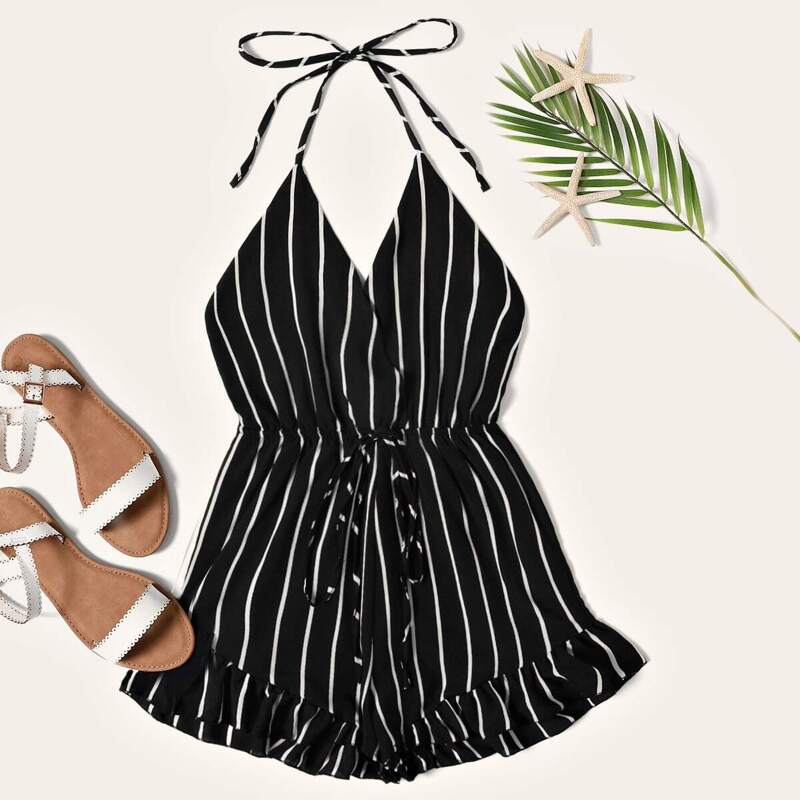 

Drawstring Waist Striped Ruffle Hem Halter Playsuit, Black and white