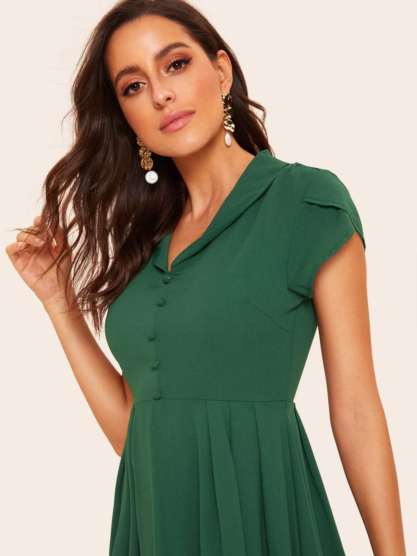 50s single breasted petal sleeve pleated dress | shein